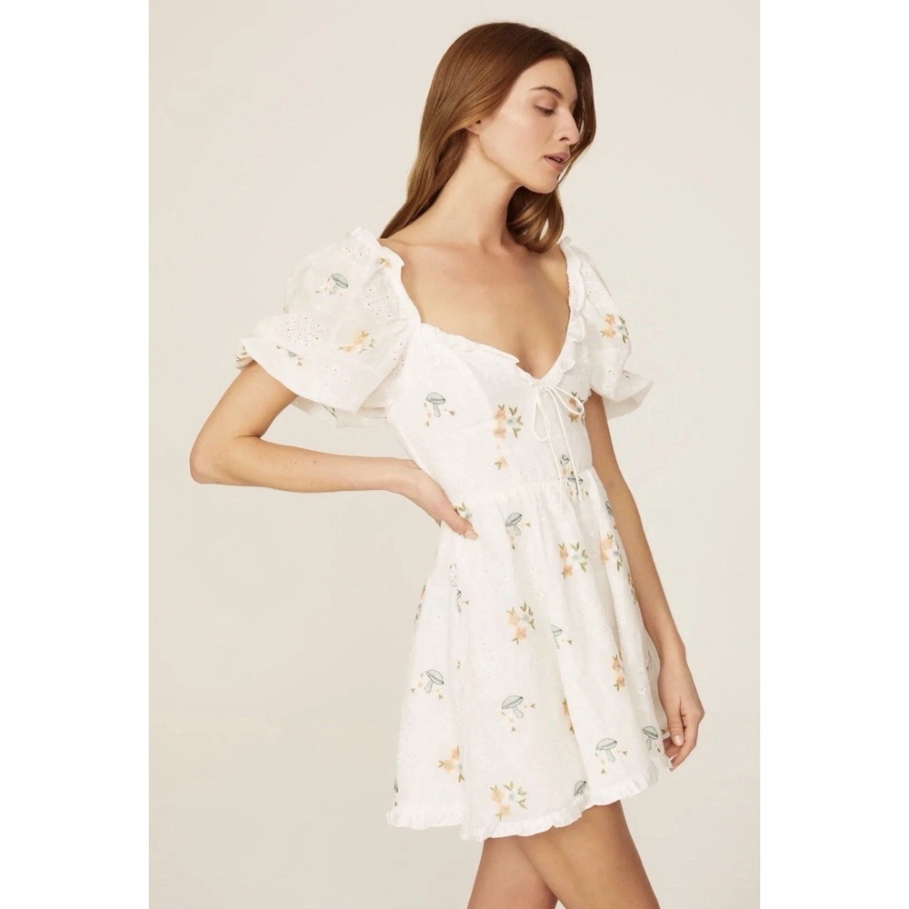 For Love And Lemons Yolanda puff sleeve Mushroom Embroidered Mini Dress Size L